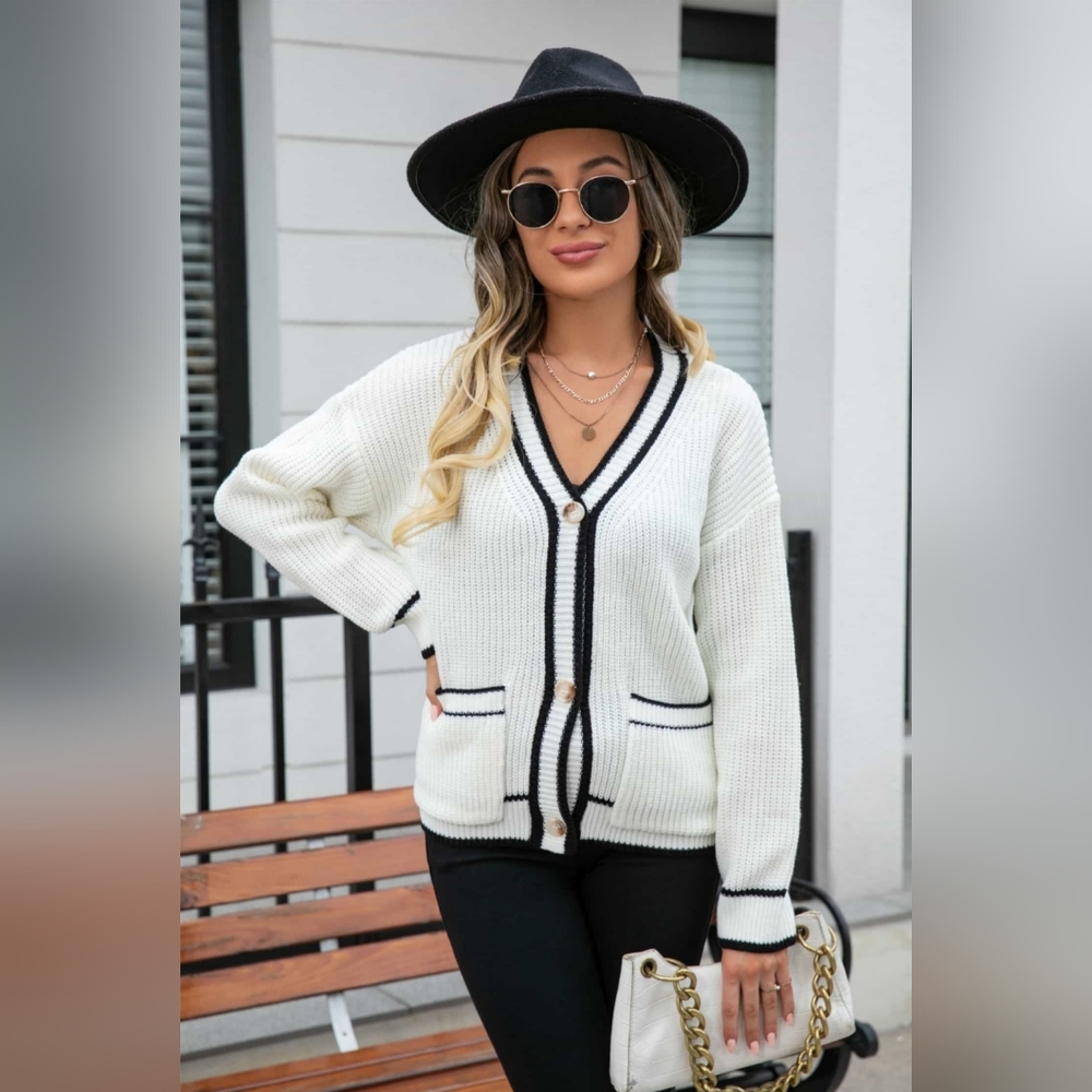 Contrast Color Waffle Knit Button Front Varsity Sweater Cardigan with Pockets